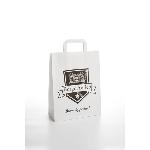 Fehér szalagfüles papírtáska egyedi nyomattal